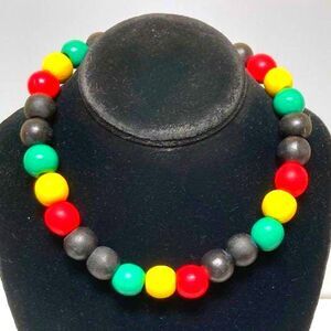 Rasta Jamaican African Reggae Wood Beaded Stretch Statement Necklace 17 inches